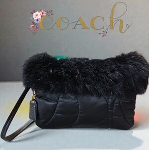 COACH Black Rabbit Fur Trimmed Wristlet Quilted Bag EUC